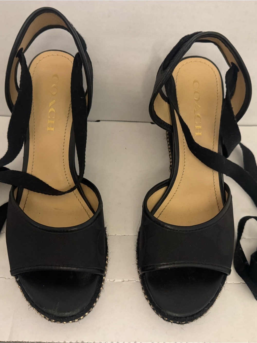 Coach Black Wedge Sandals with Ankle Wraps and Stud Trim (WORN ONCE) - Picture 2 of 9